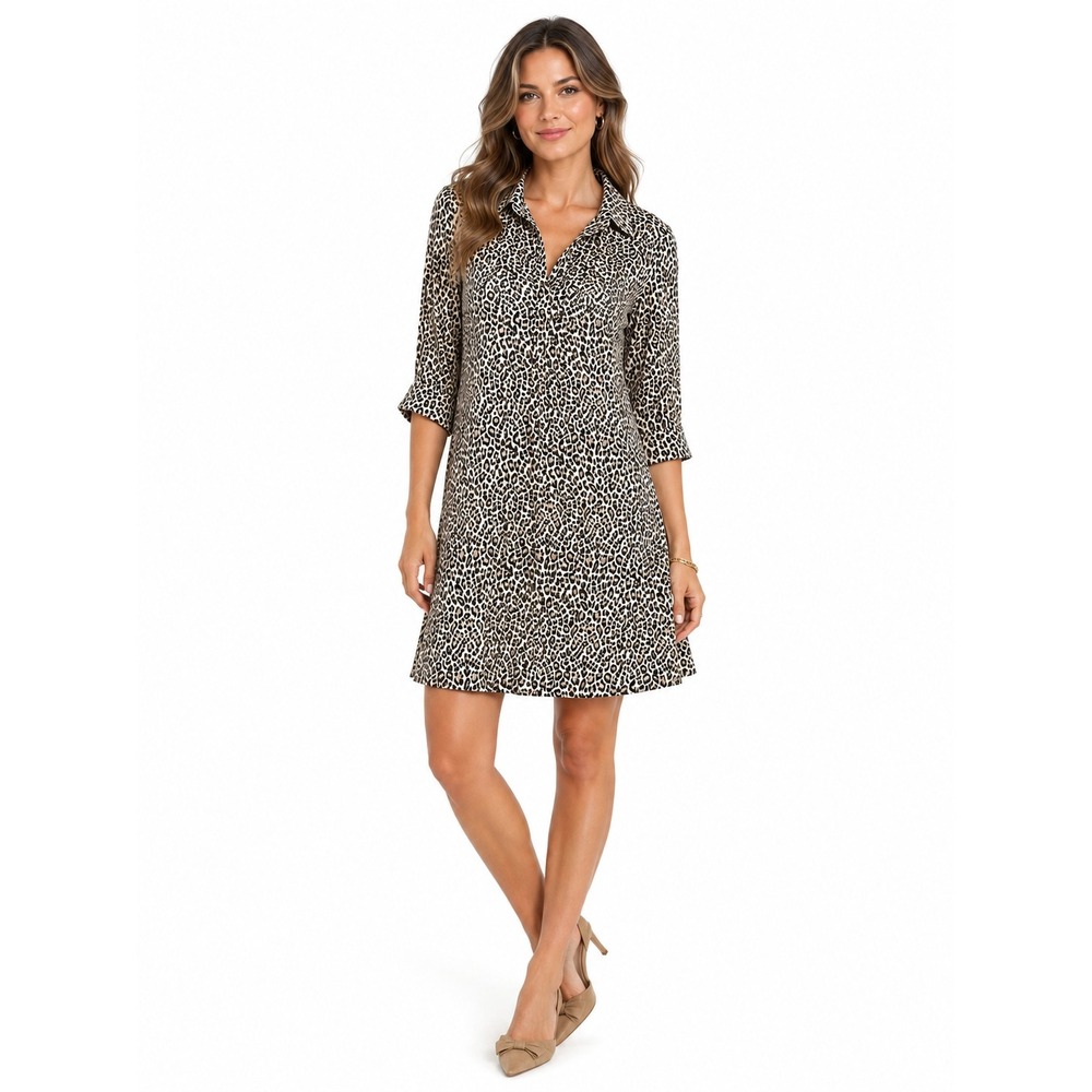 Tuckernuck Royal Shirt Dress XS Leopard Animal Print 3/4 Sleeve A-Line Midi Prep